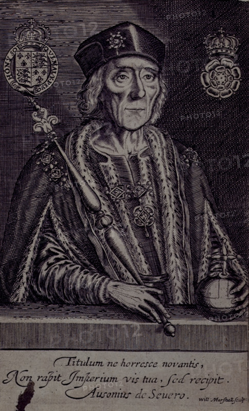 Portrait of Henry VII, 1638. Henry (1457-1509) was the first Tudor King of England. 'Titulum ne horresce novantis, Non rapit Imperium vis tua, sed recipit. Ausonius de Severo'. From "The historie of that wise and fortunate Prince, Henrie ... the Seventh ... With that famed battaile, fought betweene ... King Henry and Richard the third named Crook-backe, upon Redmoore neere Bosworth" by Charles Aleyn.