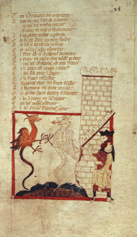 The deeds of Merlin: Vortigern finds red and white dragons beneath the foundation of his castle, mid 14th century. From Romances in French verse.