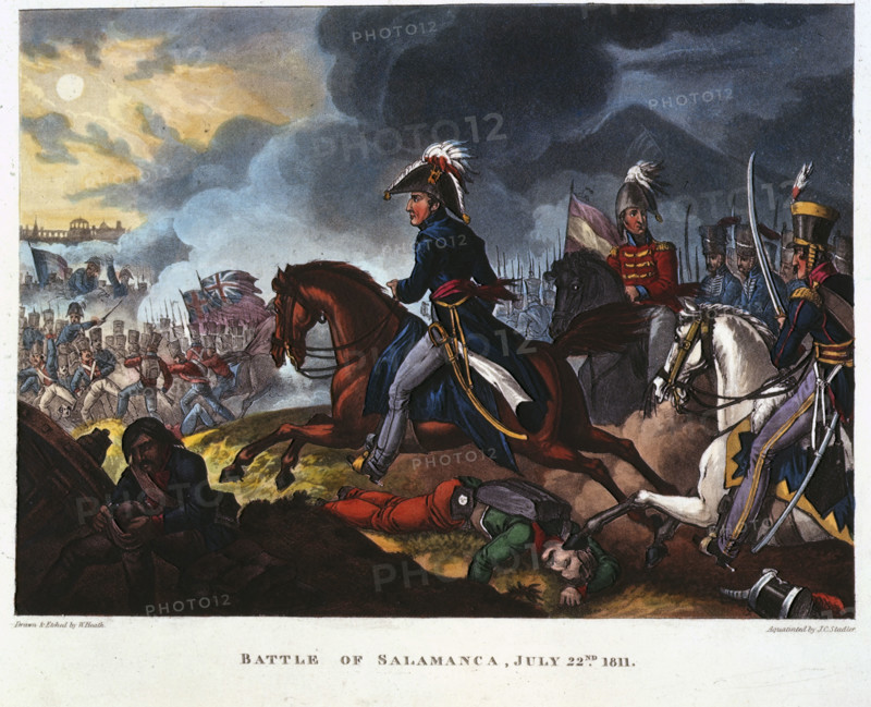 Battle of Salamanca, July 22nd, 1811, (1819). Depicting the Duke of Wellington on horseback. The Battle of Salamanca saw the Anglo-Portuguese army under the Duke of Wellington defeat Marshal Auguste Marmont's French forces among the hills around Arapiles, south of Salamanca, Spain, during the Peninsular War. From "The Wars of Wellington, a narrative poem. ... With ... engravings coloured ... By Dr. Syntax". [London, 1819].