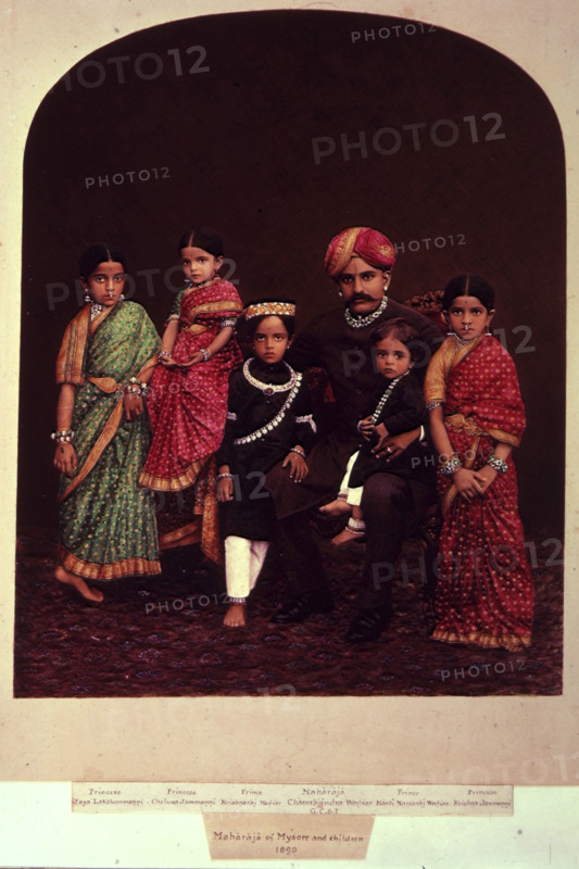 The Maharaja of Mysore and children, 1890. 'Princess Jaya Lakshammanni, Princess Cheluva Jammanni, Prince Krishnaraj Wodiar, Maharaja Chamrajendra Wodiar G.C.S.I, Prince Kanti Narsaraj Wodiar, Princess Krishna Jammanni'. Bowring collection.