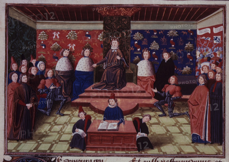 King Richard II of England banishing the Earl Marshall and the Earl of Derby, c1470-c1472. From Chroniques (Volume IV, part 2) by Jean Froissart.
