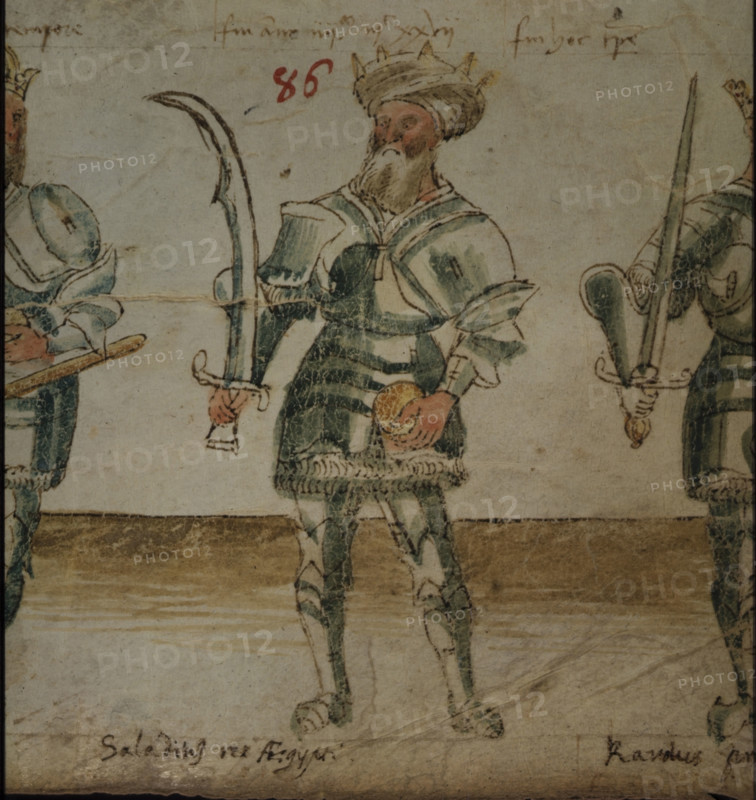 Illustration of Saladin, holding a scimitar, 15th century. Salah ad-Din Yusuf ibn Ayyub (c1137-1193) was the founder of the Ayyubid dynasty. He was the first sultan of both Egypt and Syria. An important figure of the Third Crusade, he spearheaded the Muslim military effort against the Crusader states in the Levant. [Detail from roll] Sixth age; No. 86., in The Six Ages of the World.