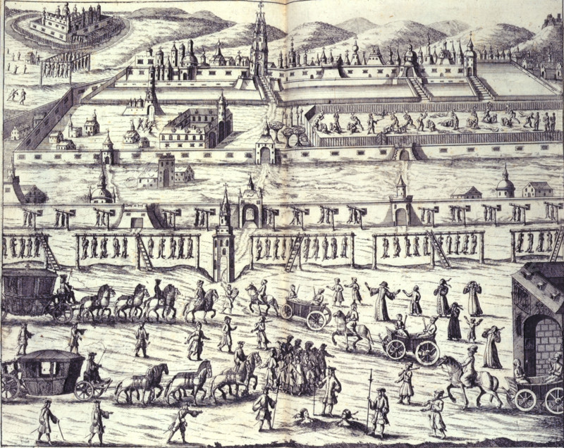 Execution of the Streltsy, 1698, (1700). Peter the Great's execution of the Streltsy, outside the walls of the Kremlin. Between 22 June and 28 June 1698, fifty-seven of the Streltsy uprising leaders were executed by hanging. From Diarum Itineris in Moscoviam by Joannes Georgius Korb.