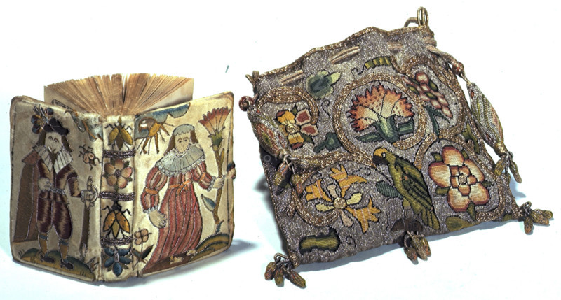 Embroidered prayer book and bag, 1633. Book of Psalms encased in an embroidered silk binding, bearing the figures of a seventeenth-century English noblewoman, and nobleman with his sword. Carrying bag decorated with floral designs. "The Whole Booke of Psalmes, with the proofe on the margin. Collected into English meter, by Thomas Sternhold, John Hopkins, etc". [1633]