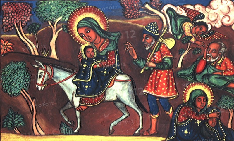 Flight into Egypt, c1730-c1755. Scene depicting the flight into Egypt of the Virgin Mary, St Joseph and the Christ Child. Vellum manuscript written in a fine hand for Iyasu II.