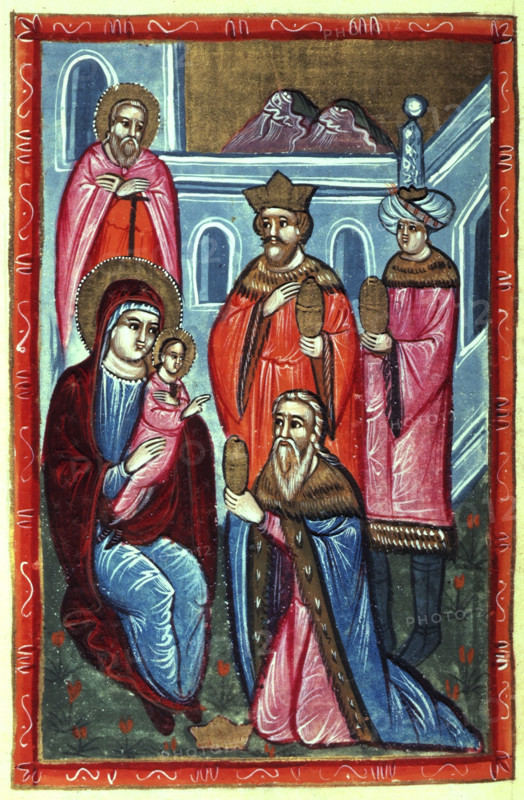 The three Kings bearing gifts to the infant Jesus, 1646. Nativity scene. From a Bible by Yovhannes Lehatsi (of Poland). (Constantinople, 1646).
