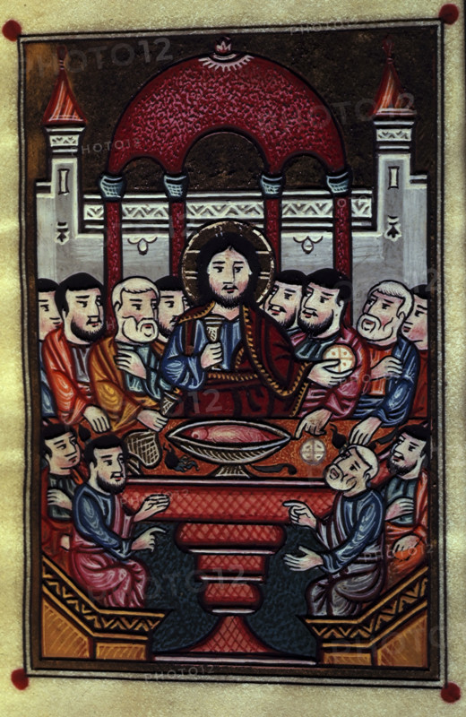 The Last Supper, 1695. Christ at a table with his disciples partaking in bread and wine. From "The Four Gospels" by Khatchatur (scribe).
