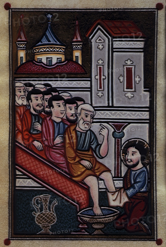 Christ in the symbolic bathing of feet, 1695. Christ washes the feet of his disciples. Vellum manuscript copied at the church of St George, Constantinople. From "The Four Gospels" by Khatchatur (scribe).
