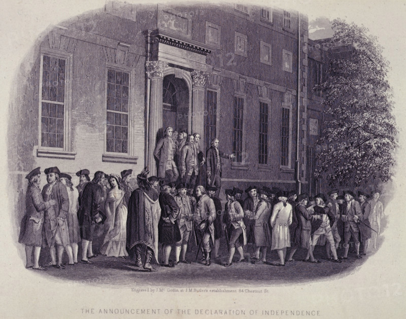 The Announcement of the Declaration of Independance, 1776, (c1856-c1859). The American Declaration of Independence was made on 4 July 1776. It was adopted unanimously by the Second Continental Congress, who convened at Pennsylvania State House, later renamed Independence Hall, in the colonial capital of Philadelphia. These delegates became known as the nation's Founding Fathers. From "The Life of George Washington". [New York, 1856-1859]