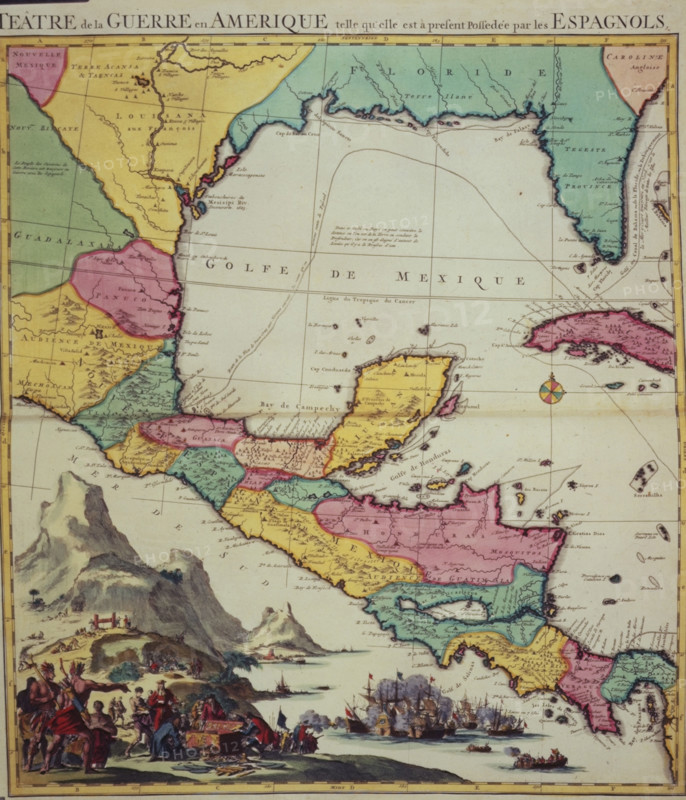 Map showing the Gulf of Mexico and surrounding area, 1705. New Mexico, Louisiana, Florida, Mexico, Nicaragua, Honduras, Costa Rica, Veragua, Panama, Cuba. At bottom left an illustration of mountains, Amerindians, Europeans with a treasure chest, and a naval battle. From "Théâtre de la Guerre en Amérique telle qu'elle est à present Possedée par les Espagnols" (Theatre of War in America as it is now possessed by the Spaniards). [1705]