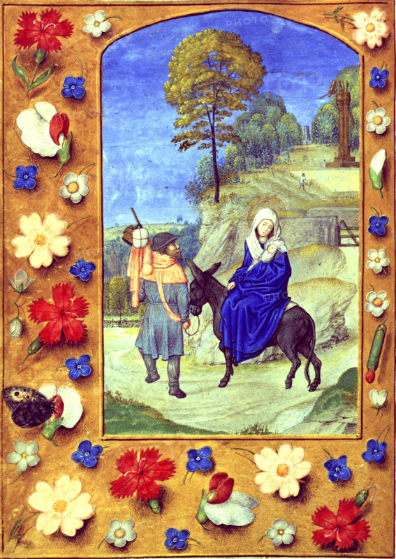 The Flight into Egypt, c1480s. Vespers of the Hours of the Virgin. Border of trompe l'oeil decoration with flowers and butterfly. From "The Hastings Hours".