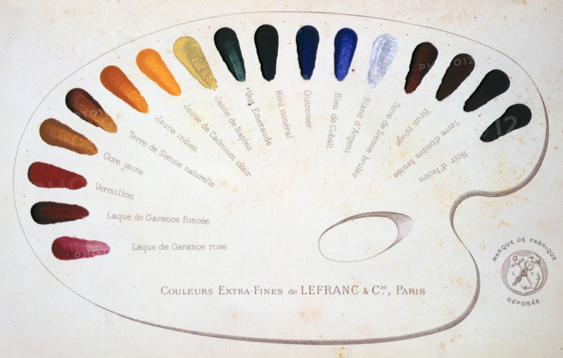 A paint palette, 1891. Samples of Lefranc & Company's oil paints, painted onto a printed diagram. From "Traite pratique de peinture a l'huile", by Karl Robert pseud.[i.e. Georges Meusnier].