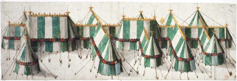Design for a royal pavilion, early 16th century. Lavishly decorated tents constructed at the field of the Cloth of Gold, the meeting place, between Guînes and Ardres near Calais in France, where Henry VIII of England and Francis I of France and their entourages gathered between June 7 and 24, 1520. The castles at both villages were in decay, and therefore splendid temporary palaces and pavilions were erected for Henry at Guînes and for Francis at Ardres. From a portfolio containing drawings and prints.