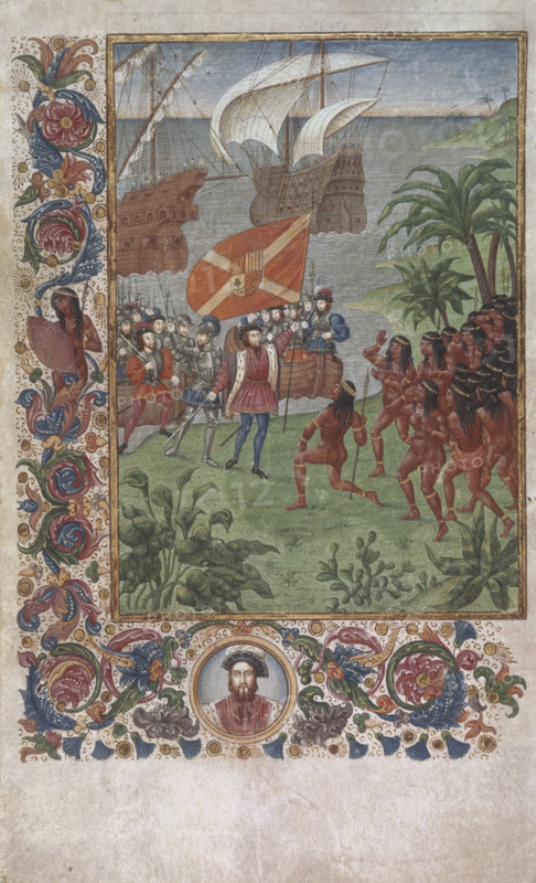 The landing of Hernando Cortes in Mexico in 1519, 19th century. Cortes has just landed and stepped onto dry land. The natives are greeting him, with one of them kneeling before him. A miniature in colours with a foliated border on two sides, containing a second portrait of Cortes to the shoulders, within a medallion. From an account of the Spanish invasion of Mexico.