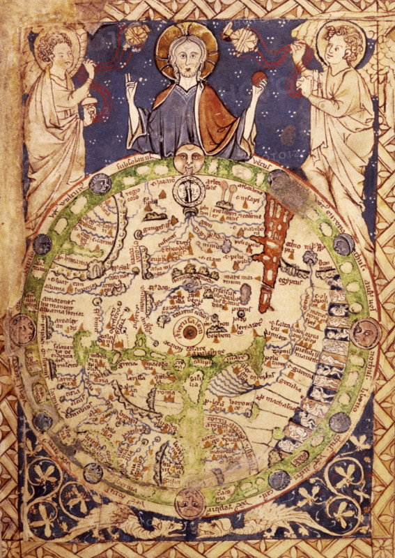 Psalter Map, c1250. A round map of the world, set in a square ornamental frame, Jerusalem being in the centre, with a zone of winds, figures of inhabitants, etc. The Psalter map is so called because it accompanied a 13th Century copy of the Book of Psalms. It is one of the earliest maps with Jerusalem at the centre, reflecting the medieval world view. Although tiny, it contains a wealth of information. It is the earliest surviving map to symbolise Christ's power as overseer of the world; and one of the earliest maps to depict Biblical events - for example, Moses crossing the Red Sea (the large red expanse, top right); and the earliest to display the `monstrous' races in Africa (the strange figures, some without heads, depicted on the right-hand edge). From Latin Psalter, with canticles, litany, etc.   latin-psalter-with-canticles-litany-etc----caption-a-round-map-of-the-world-set-in-a-square-ornamental-frame-jerusalem-being-in-the-centre-with-a-zone-of-winds-figures-of-inhabitants-etc-...