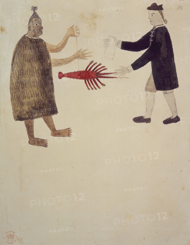 A Maori bartering a crayfish with an English naval officer. 1769. A man with facial tattoos and wearing a fur cape, holds out a crayfish on a string to a European member of Captain James Cook's crew. From drawings done on Captain James Cook's first voyage to the South Seas, chiefly relating to Otaheite (Tahiti) and New Zealand.