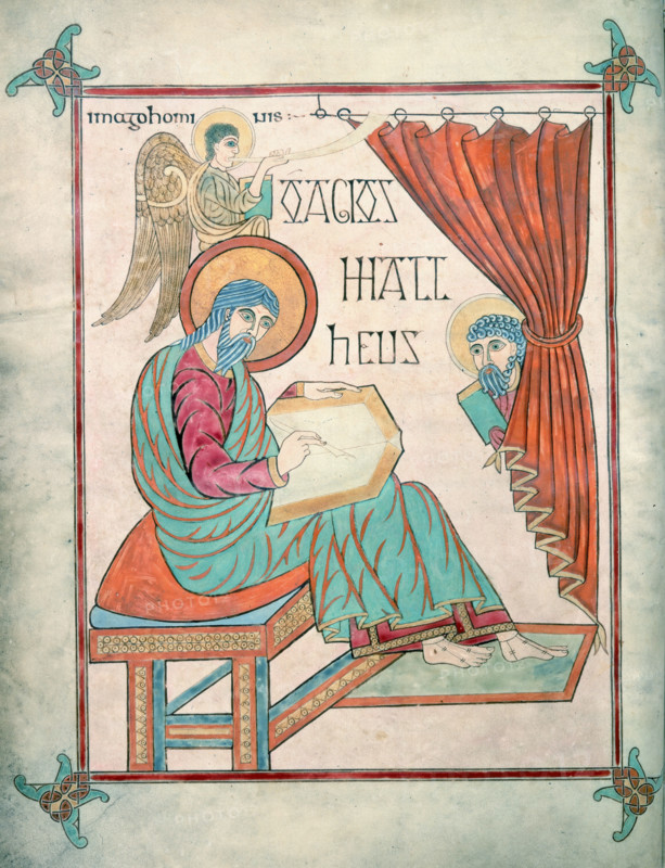 St Matthew, c700. St Matthew writes in a book; another man peers out from behind a curtain, while an angel blows a trumpet above. From the Lindisfarne Gospels.