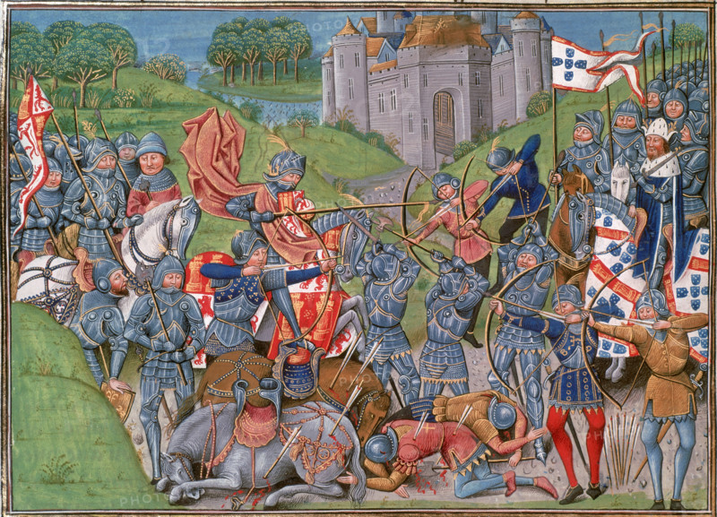 Portuguese and English defeat French vanguard of the King of Castille, c1415-c1500. Archers fire arrows; dead and wounded men and horses lie in the foreground. In the distance is the walled city. From the "Chronique d'Angleterre" by Jehan de Wavrin, whose father and brother were killed during the battle.
