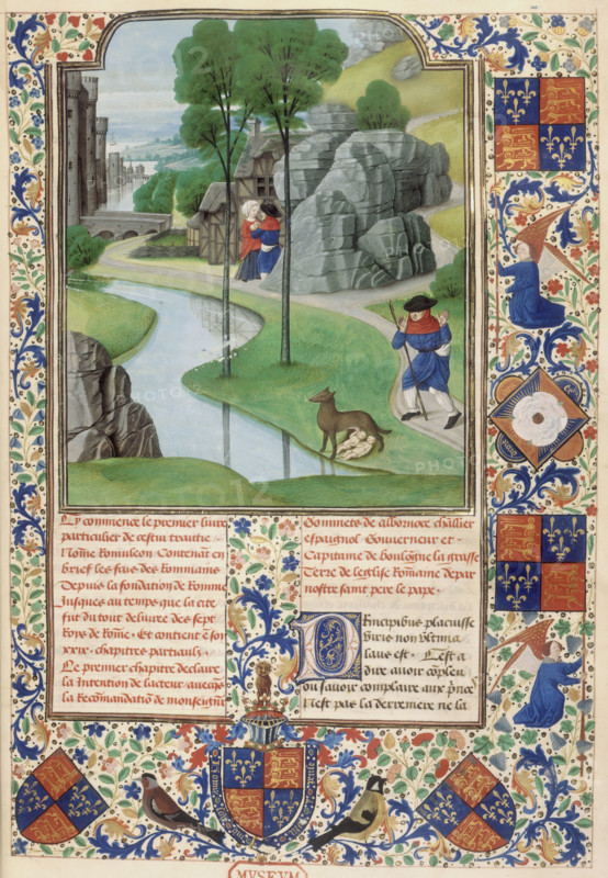 Romulus and Remus discovered on the riverbank, 1480. Romulus and Remus were the mythical founders of Rome. As babies they were set afloat in a basket on the River Tiber. They were found and suckled by a she-wolf. From the "Romuleon", a history of ancient Rome.   romulon---caption-faustulus-discovers-romulus-and-remus-being-suckled-by-a-she-wolf-on-the-bank-of-the-tiber-behind-he-entrusts-the-infants-to-laurentia-with-text-below-and-decorated-borders-containing-the-arms-and-badge-of-england_12459006755