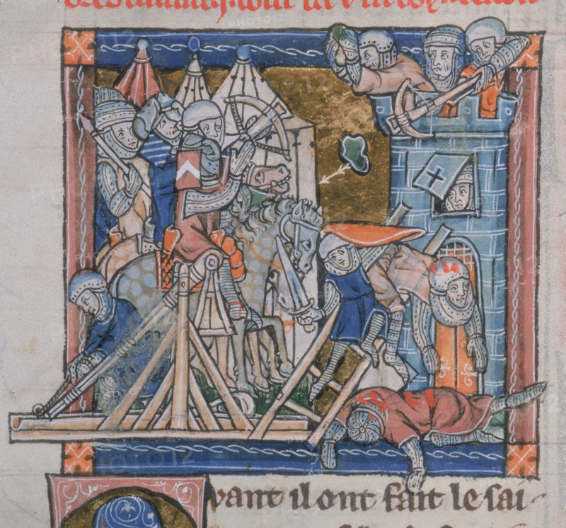 Guinevere besieged in the Tower of London by Mordred, c1300-c1310. From "Le Roman du Saint Graal", (Legend of the Holy Grail).