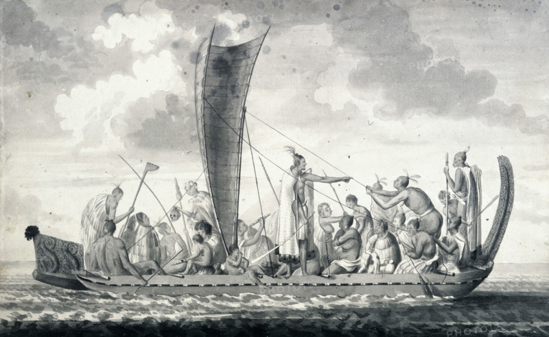 A New Zealand war canoe with sail, 1768-1780. A Maori war canoe with its crew, one of whom holds a human skull; also aboard are women, children and a dog. A man in a cloak gives orders. From "A Collection of Drawings by A Buchan, S Parkinson, and JF Miller, made in the Countries visited by Capt  Cook in his First Voyage, also of Prints published in Hawksworth's Voyages of  Biron, Wallis, and Cook, as well as in Cook's second and third Voyages". Captain Cook's first voyage was 1768-1771, his second voyage 1772-1775, and the third voyage 1776-1780.