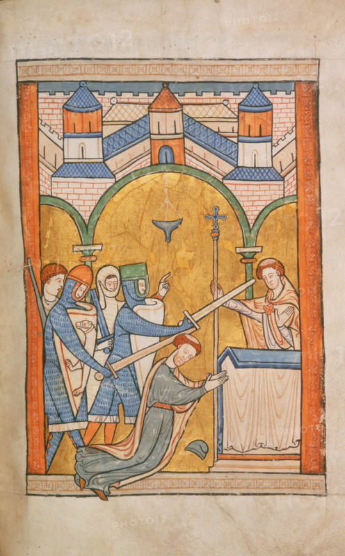 The Murder of St Thomas Becket, c1200-c1300. The Archbishop of Canterbury is murdered by four knights.