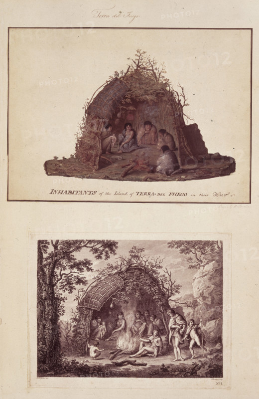 Inhabitants of Tierra del Fuego, c1768-c1780. Two views of indigenous inhabitants of Tierra del Fuego, South America, inside their dwellings. From a collection of drawings of the first voyage of Captain Cook.