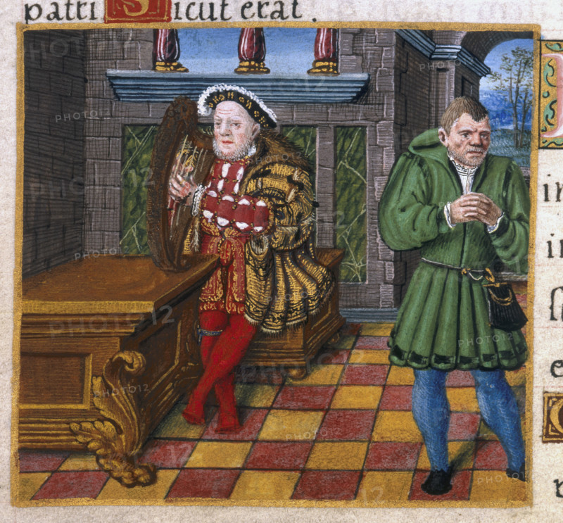 King Henry VIII with a harp, as David. On the right-hand-side is Henry's jester, William Sommers, as the fool. From a Latin psalter.