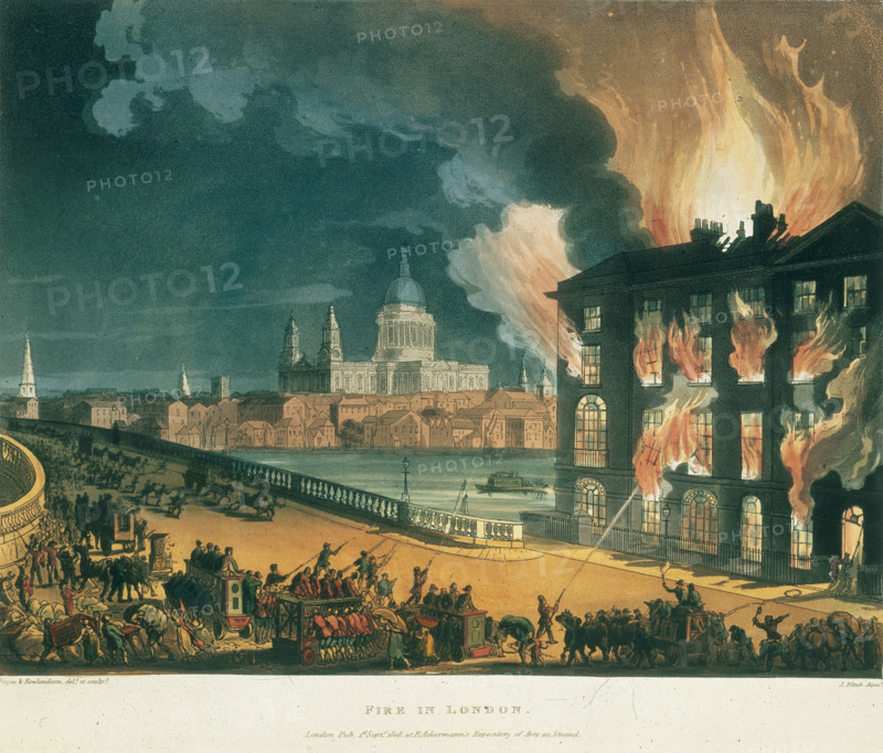 'Fire in London', c1810. The fire at Albion Mill, Blackfriars Bridge, Southwark, London on the night of 2 March 1791. From " The Microcosm of London..." by William Henry Pyne and William Combe.