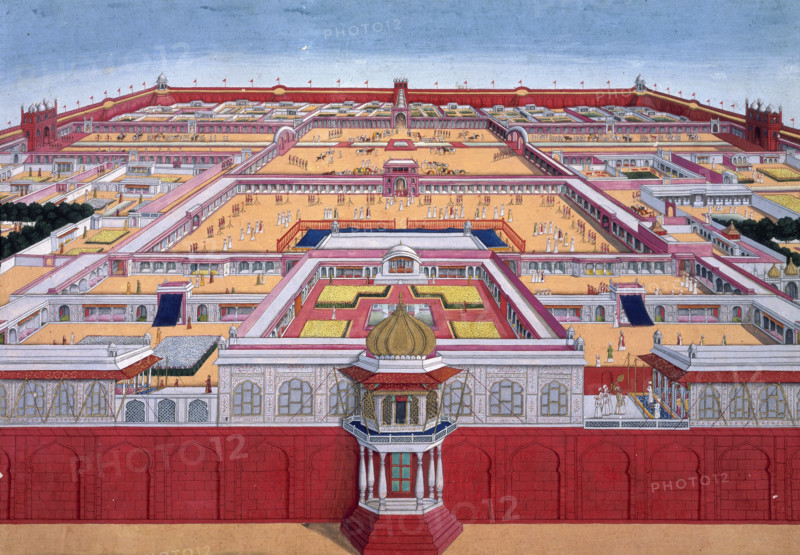 A bird's-eye view of the Red Fort at Delhi from the east, India, c1780-c1790. The Red Fort at Delhi, India, showing an emperor, probably Shah Alam II, entering the Diwan-i-Khas (private audience hall) on the right. The Rang Mahal is on the left, the Khwabg ah Jharoka in the centre, and the Pearl Mosque in on the extreme right.