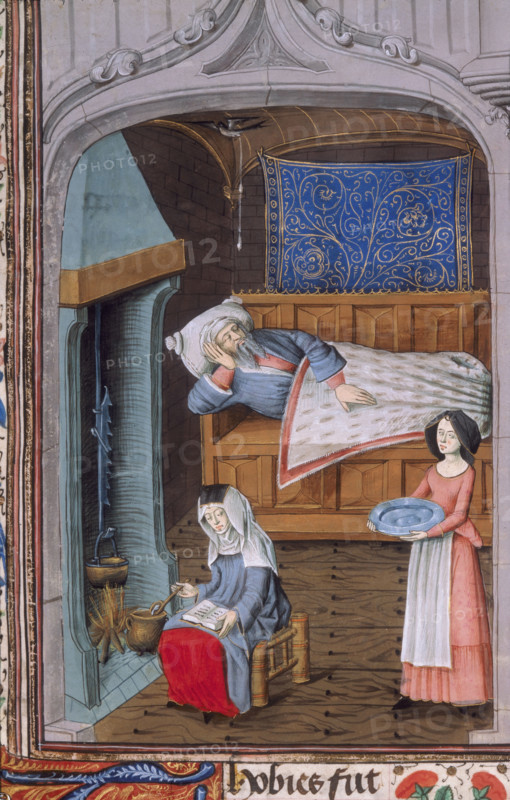 Tobit, blind in bed, attended by two women, c1479. Set in a cosy interior, one of the women sits by the fire concocting a recipe, while the other holds a dish. Tobit lies in the background. From volume IV of a Bible Historiale of Edward IV.