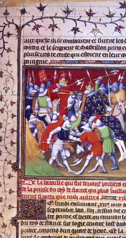 Scene from the Battle of Poitiers, 1356, during The Hundred Years' War. From "Grandes Chroniques de France".