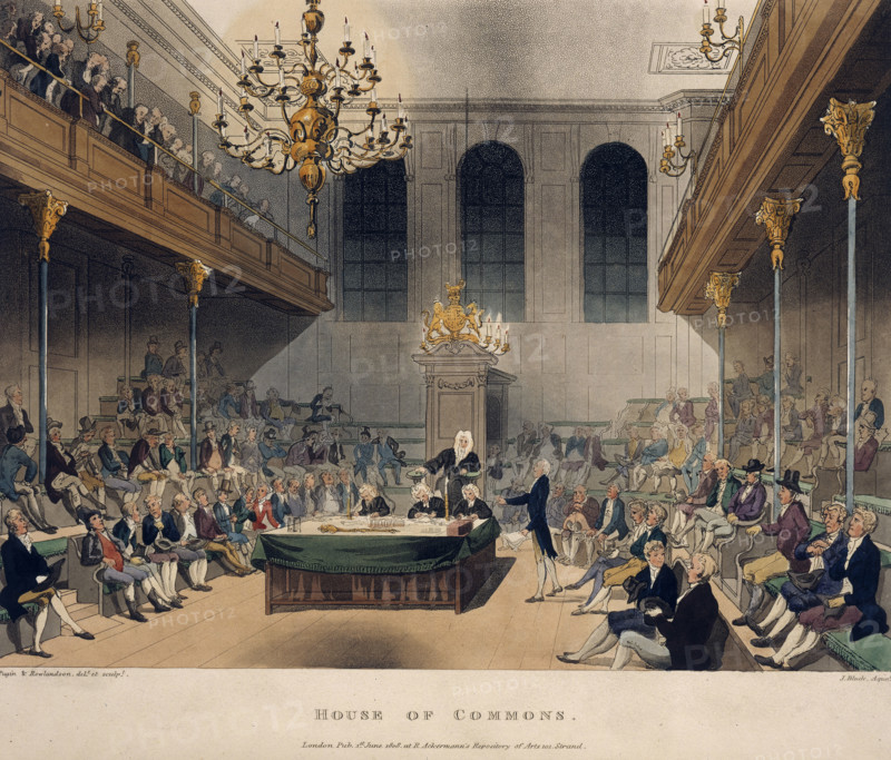 The House of Commons, c1808-c1811. Interior view with a session taking place. The benches are filled with various members of parliament, and a debate is in progress. From "The Microcosm of London" by William Henry Pyne and William Combe. (London, 1808-11).
