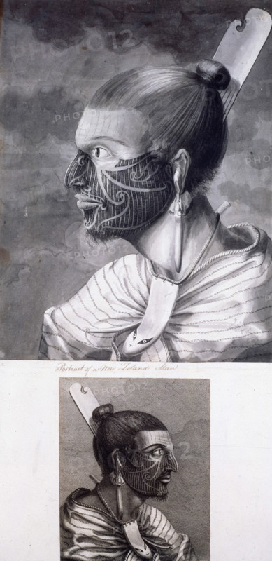 Two portraits of Maoris, c1768-c1780, 1769.  Head and shoulders portraits of two Maoris with tattoos, earrings and elaborate hairstyles. They wear combs, probably of whalebone, ear pendants - almost certainly of nephrite - and a woven flax cloak. Their hair is arranged in the topknot style popular at the time, and faces are tattooed with designs typical of those used in the northern part of New Zealand. Round their necks they wear rei puta, pendants made from whale tooth. One, Te Kuukuu, is a chief's son. From a work on the voyages of Captain James Cook.