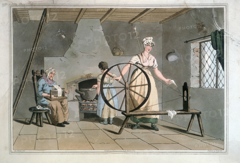 Women Spinning and Carding Wool, 1814. Within a humble interior are three women, two working with wool and the third cooking. Plate XXIX from "The Costume of Yorkshire illustrated by a series of forty Engravings, being fac-similes of original drawings, with descriptions in English and French." By George Walker of Seacroft. (London, 1814).
