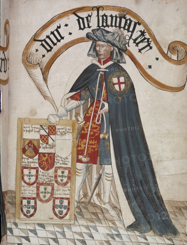 Henry, Duke of Lancaster, (c1440-1450). Portrait of Henry, Duke of Lancaster (1367-1413), later King Henry IV, a Knight Founder of the Order of the Garter, wearing a blue Garter mantle over plate armour and surcoat with his arms. A framed tablet displays painted arms of successors in his Garter stall at St George's Chapel, Windsor. Illustration from William Bruges's Garter Book, (c1440-1450).