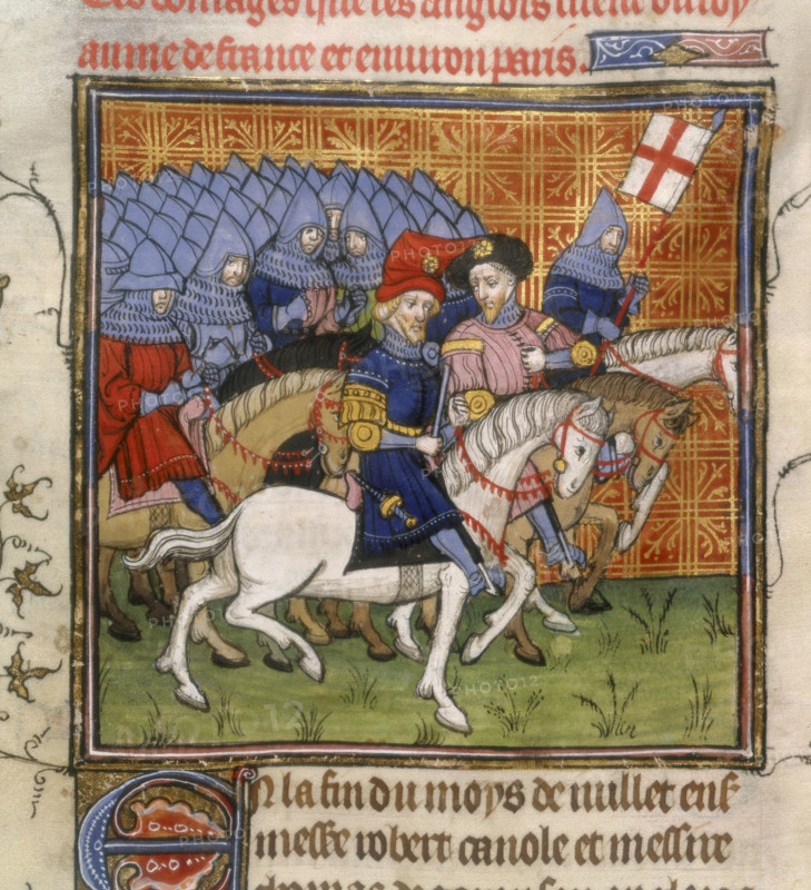 The English army, on horses, with their leaders, c1375-c1400. A large army of armoured, mounted knights riding behind two princes or noblemen and a knight carrying the banner of St George. From "Chroniques de France, ou de St.Denis."