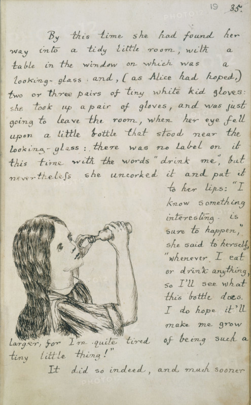 Alice about to drink from a bottle, c1862-c1864. Alice is about to drink the magic potion which will make her grow. From the autograph manuscript of "Alice 's Adventures Under Ground", written and illustrated by Lewis Carroll.