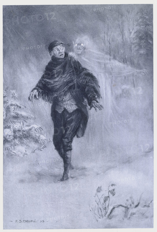'What fearful shapes and shadows beset his path amidst the dim and ghastly glare of a snowy night !' Ichabod Crane imagining a phantom at his shoulder, 1899. A man out on a snowy night is startled by a ghostly figure touching him on the shoulder. Other similar phantoms are lurking behind him. From "The Legend of Sleepy Hollow", by Washington Irving. (New York, 1899).
