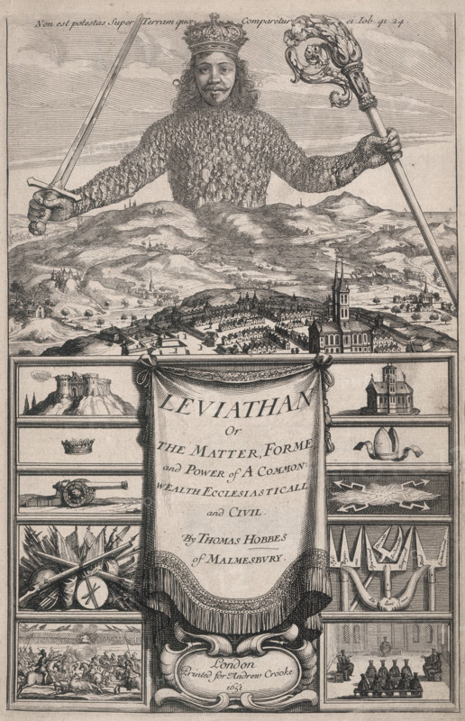 Title page to Leviathan, 1651. Huge mythological crowned figure with body made of people, weilding a sword and a bishop's crook. Title page from "Leviathan, or the Matter, Forme & Power of a Common-wealth, ecclesiasticall and civill" by Thomas Hobbes.