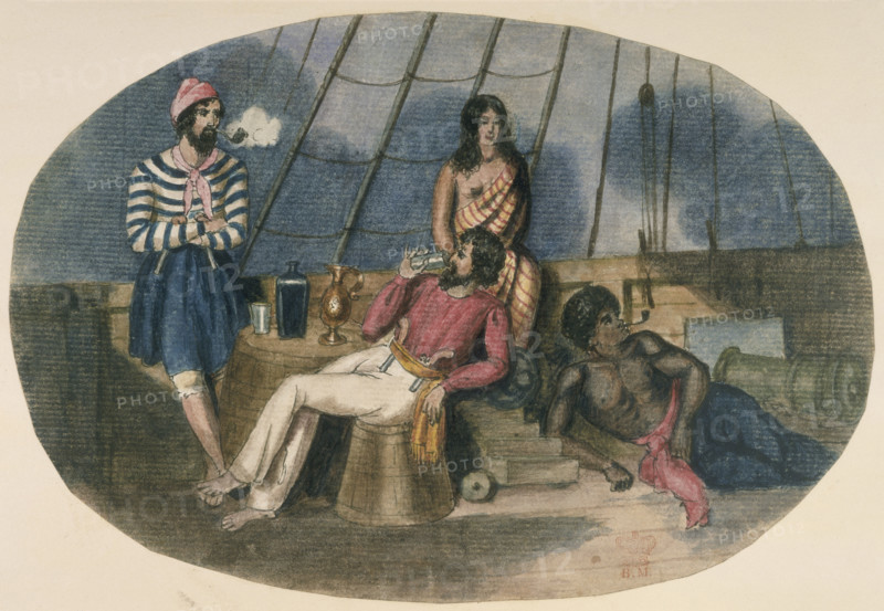 Sailors and Maoris on the deck of a ship, c1850. Two sailors, both rather piratically attired, on the deck of a ship. One smokes a pipe while the other drinks from a glass. With them on the ship are a Maori woman and man, the latter lounging on the deck. From "Water-colour drawings, lithographs, and pencil sketches, illustrating scenery, manners, costume, and features of the natives, etc, in New Zealand, by Charles Heaphy, Cuthbert Clarke, George F Swainson, and other Draughtsmen", 1848-1853.