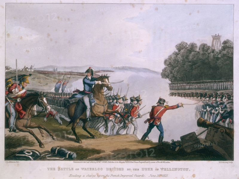 'The Battle of Waterloo decided by the Duke of Wellington, heading a charge upon the French Imperial Guards, June 18th 1815', 1819. The Duke, on his horse, urges his troops on with a thrust of his sword. From "Historic, military, and naval anecdotes of ... particular incidents which occured to the armies of Great Britain and her allies" by Edward Orme.
