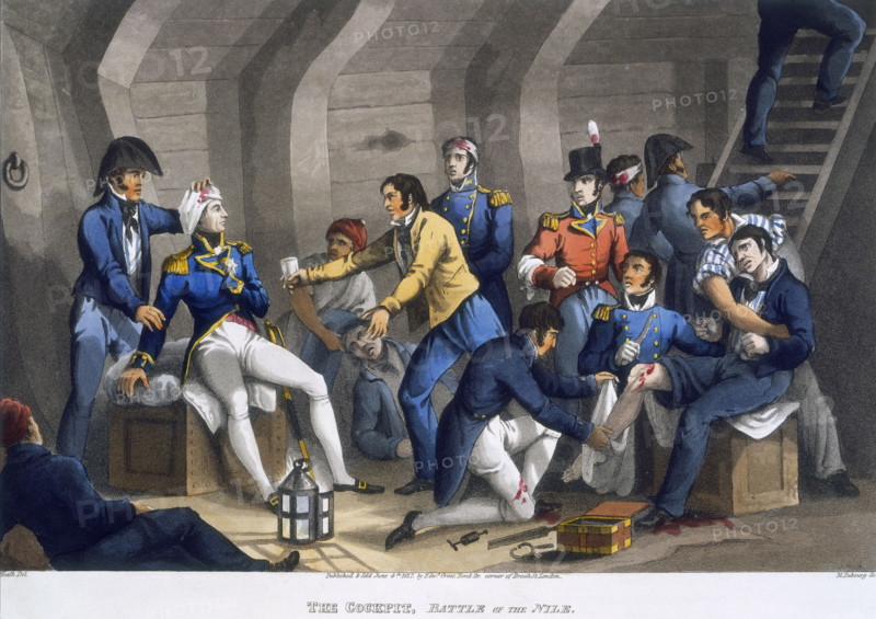 'The Cockpit, Battle of the Nile', 1819. Scene on board ship; Nelson and others have been wounded and are being attended to the medical officer.