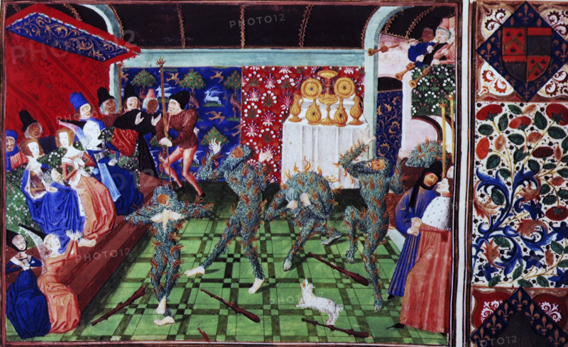 Masquerade at the French court, 1470-1475. King Charles VI of France and his knights masquerade as savages; with part of decorated border. From Froissart's Chronicles (Volume IV, part 2) by Jean Froissart,