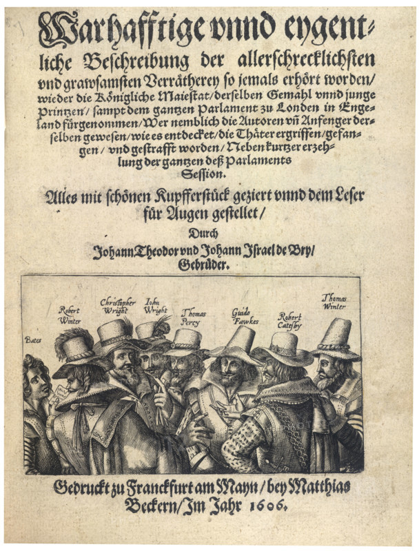 The Gunpowder Plot conspirators, 1605 (1606). From left ro right: Bates; Robert Winter; Christopher Wright; John Wright; Thomas Percy; Guido Fawkes; Robert Catesby and Thomas Winter. (Frankfurt, 1606).