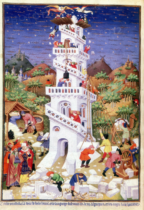 Building Tower of Babel, 1430-1440.  God coming down to see the tower and deciding to confound the universal language and scatter people over the Earth. Stonemasons are at work in the foreground, mixing lime mortar and raising a block of stone with a winch and pulley. From the Bible (Genesis 11).