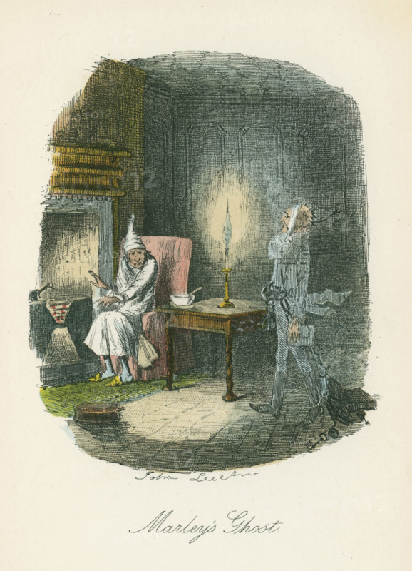 Scene from "A Christmas Carol" by Charles Dickens, 1843. The irascible, curmudgeonly Ebenezer Scrooge, sitting alone on Christmas Eve, is visited by the ghost of Marley, his late business partner. The same night he is visited by three more apparitions, the ghosts of Christmas Past, Christmas Present and Christmas Future, whose revelations cause him to wake on Christmas Day a changed man. He sends a turkey to Bob Cratchit his clerk, thoroughly enjoys the festivities and becomes a kindly, jolly old man. From "A Christmas Carol" by Charles Dickens. (London, 1843). This was the first in the series of five Christmas books Dickens published.