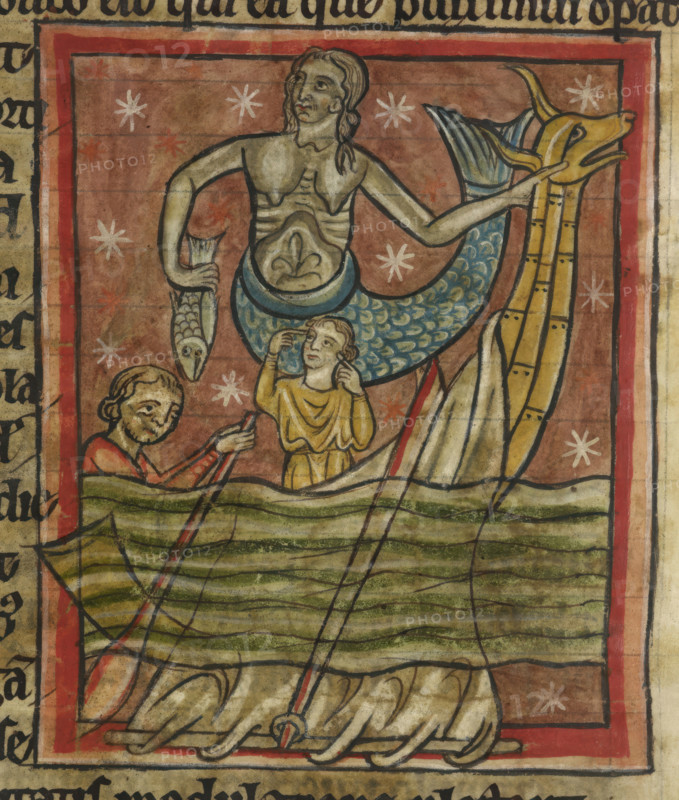Siren enchants sailors, 1230-1240. From Bestiary.