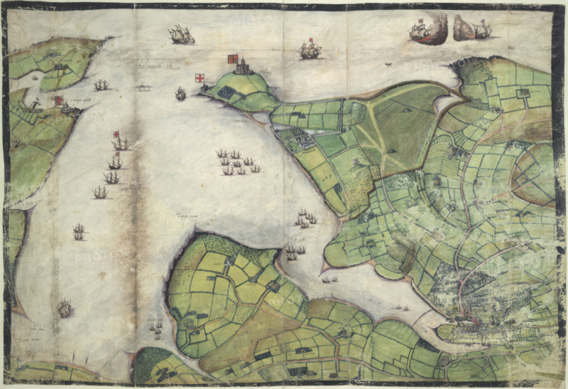 Coloured manuscript plan of Falmouth Haven, or Harbour, 1579. From Lord Burghley's Atlas.