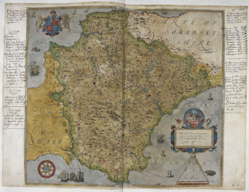 Printed map of Devon, dated 1575, with marginal notes by Lord Burghley relating to the defence of the county, 1579. From Lord Burghley's Atlas.